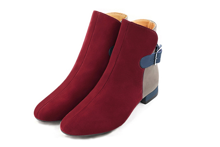 Women's burgundy red, bronze beige and denim blue elegant ankle boots, with buckles at the back. Round toe. Flat block heels - Front view